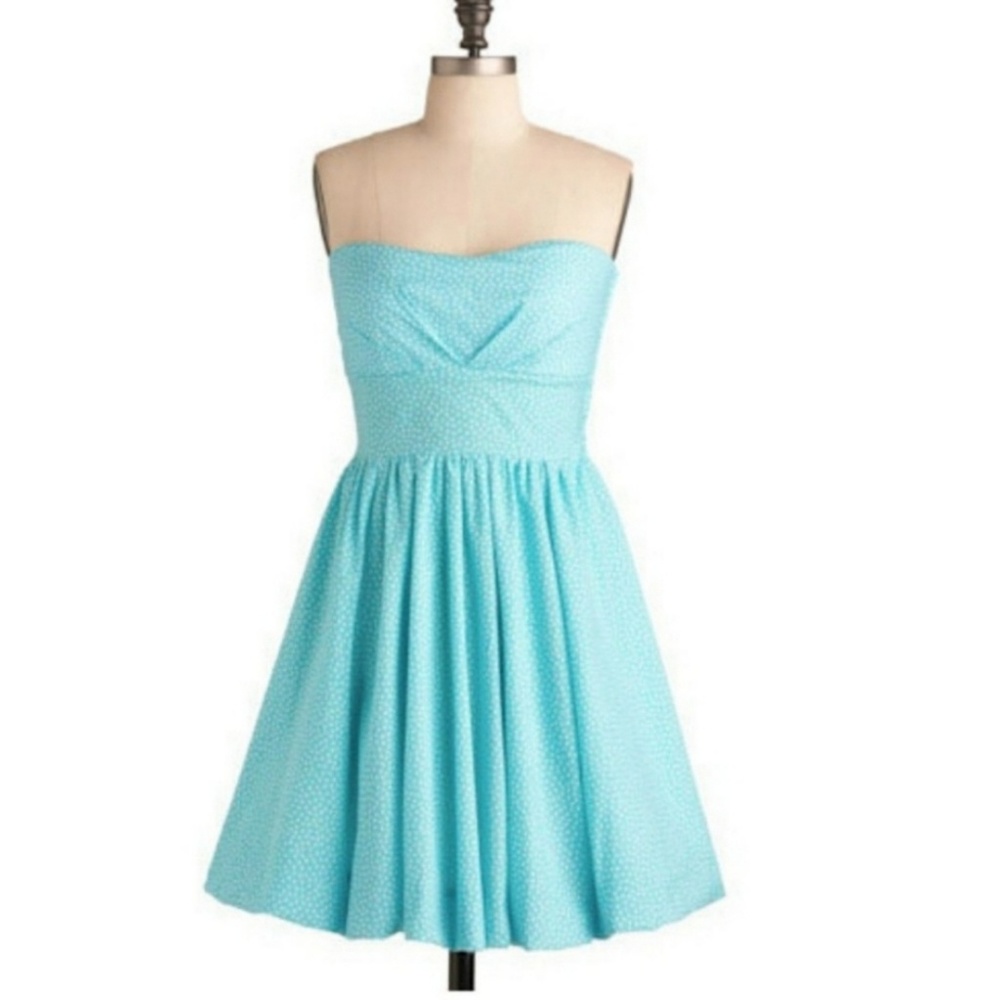Modcloth Light Blue Strapless Polka Dot Mini Dress